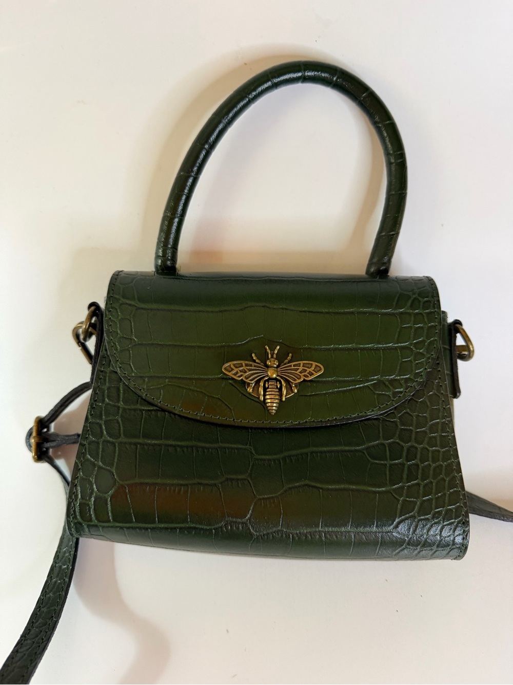 Dark Green Croc-Embossed look Bag with Top Handle and crossbag with Bee Accent